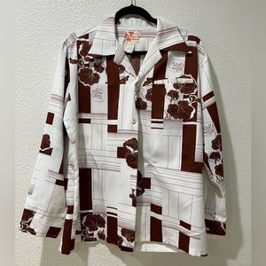 Vintage Polyester Sears (Hawaiian Fashions) Aloha Shirt -Brown With Flowers